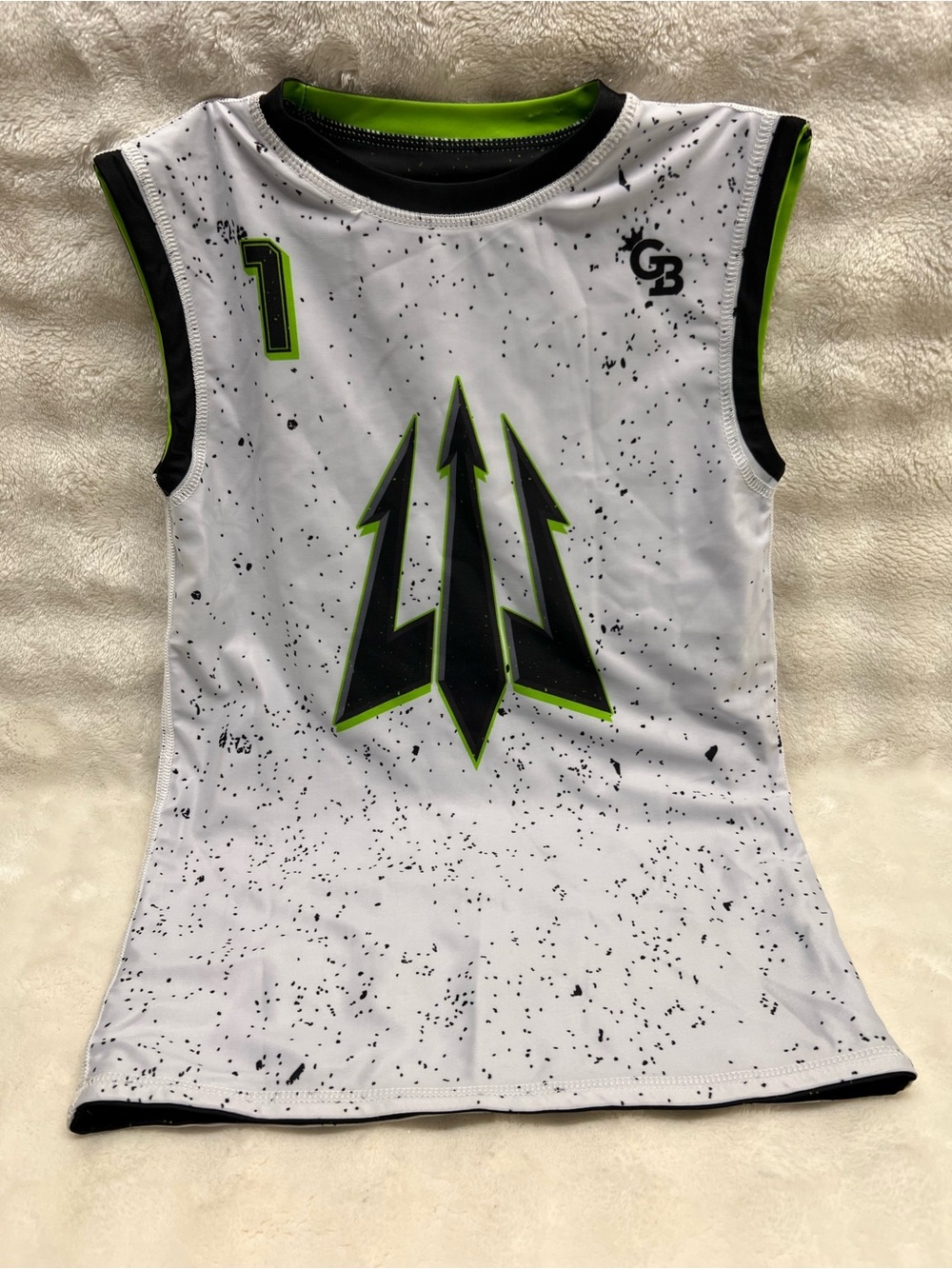 GB - White, Black & Neon Green Sleeveless Kids Athletic Tank with #1